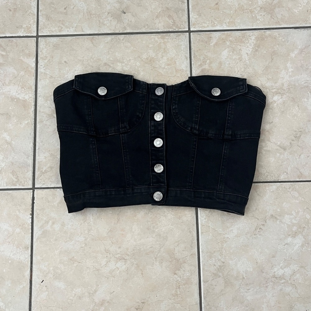 Love Tree Denim Corset Top Medium Black Strapless Bustier Smocked Back Y2K Edgy